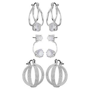 Silvertone & Cubic Zirconia 3-Pair Earring Set